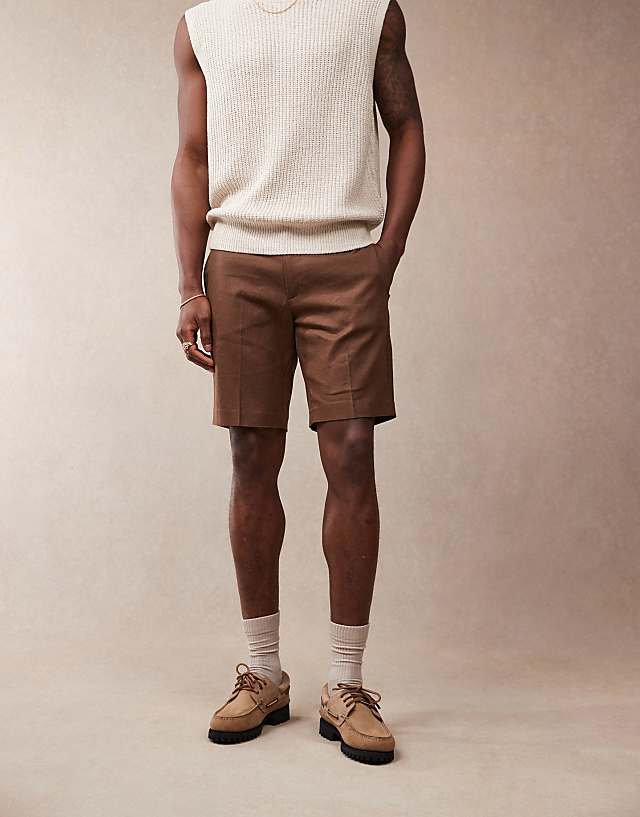 asos ASOS DESIGN smart slim fit linen blend shorts in brown
