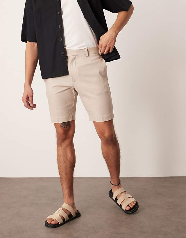 asos ASOS DESIGN smart slim fit linen blend shorts in stone