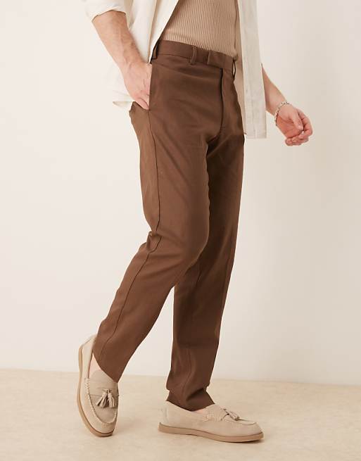 Asos ASOS DESIGN Smart Slim Fit Linen Blend Trousers In Brown