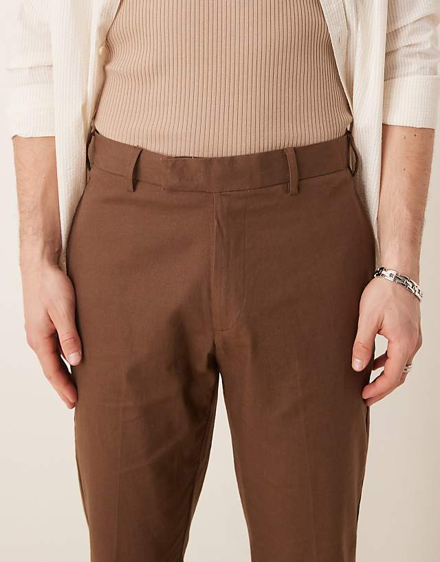 Asos ASOS DESIGN Smart Slim Fit Linen Blend Trousers In Brown
