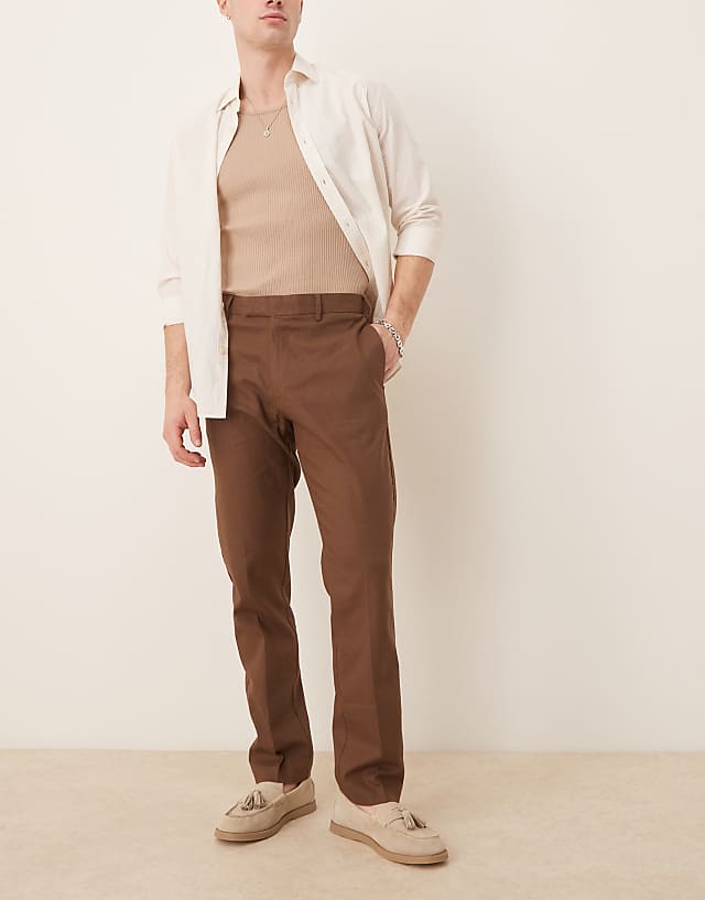 asos ASOS DESIGN smart slim fit linen blend trousers in brown