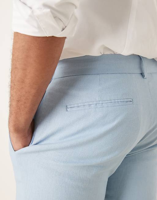 Asos ASOS DESIGN Smart Slim Fit Linen Blend Trousers In Dusty Blue