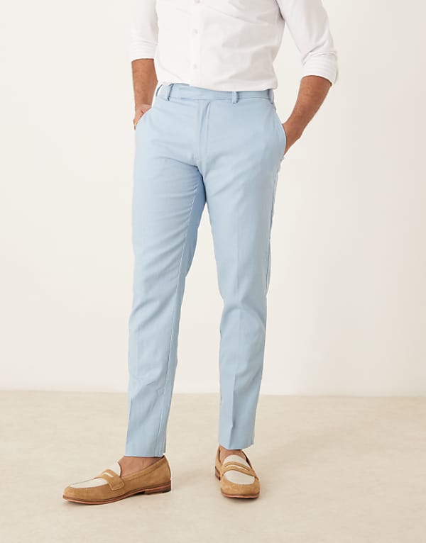 asos ASOS DESIGN smart slim fit linen blend trousers in dusty blue