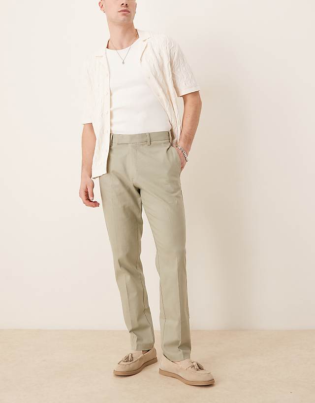 asos ASOS DESIGN smart slim fit linen blend trousers in sage green