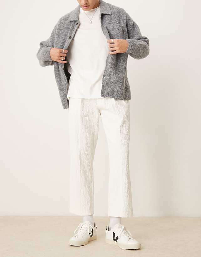 asos ASOS DESIGN smart straight cropped trousers in white crinkled velvet