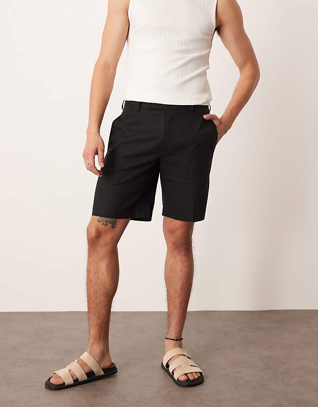asos ASOS DESIGN smart straight fit linen blend shorts in black