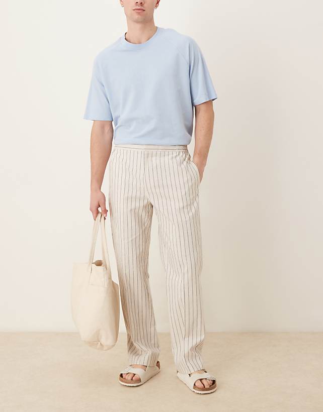asos ASOS DESIGN smart straight leg cotton blend trousers in white pinstripe