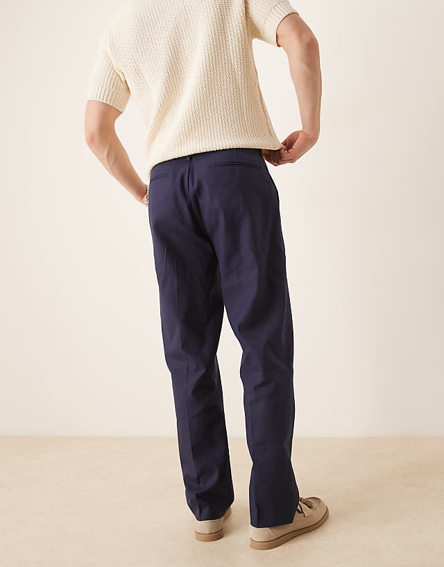 Asos ASOS DESIGN Smart Straight Leg Linen Blend Trousers In Navy