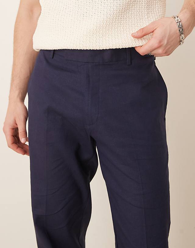 Asos ASOS DESIGN Smart Straight Leg Linen Blend Trousers In Navy