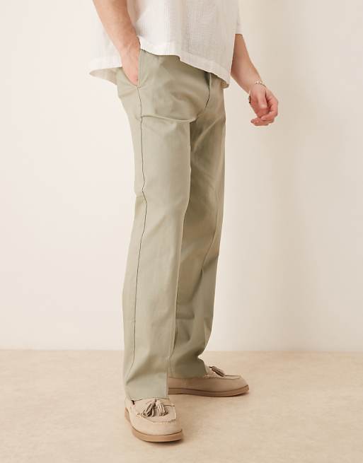 Asos ASOS DESIGN Smart Straight Leg Linen Blend Trousers In Sage Green