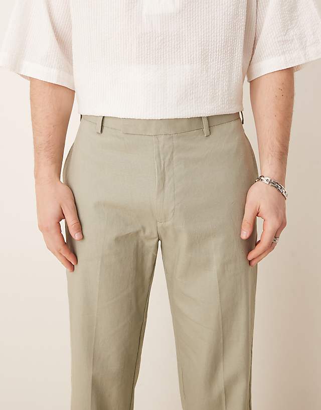 Asos ASOS DESIGN Smart Straight Leg Linen Blend Trousers In Sage Green