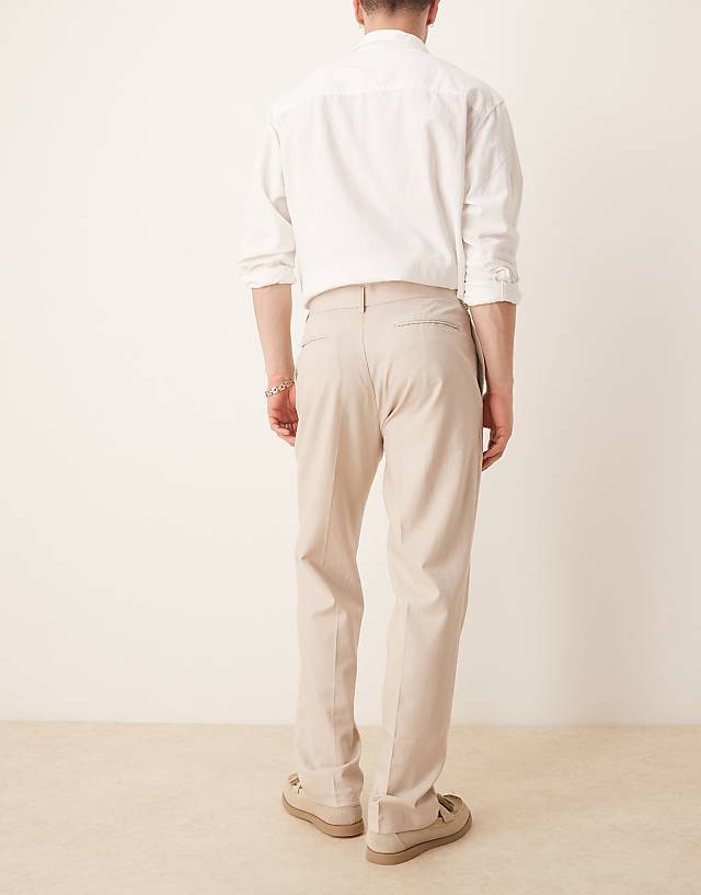 Asos ASOS DESIGN Smart Straight Leg Linen Blend Trousers In Stone