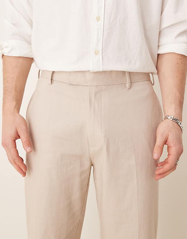 Asos ASOS DESIGN Smart Straight Leg Linen Blend Trousers In Stone