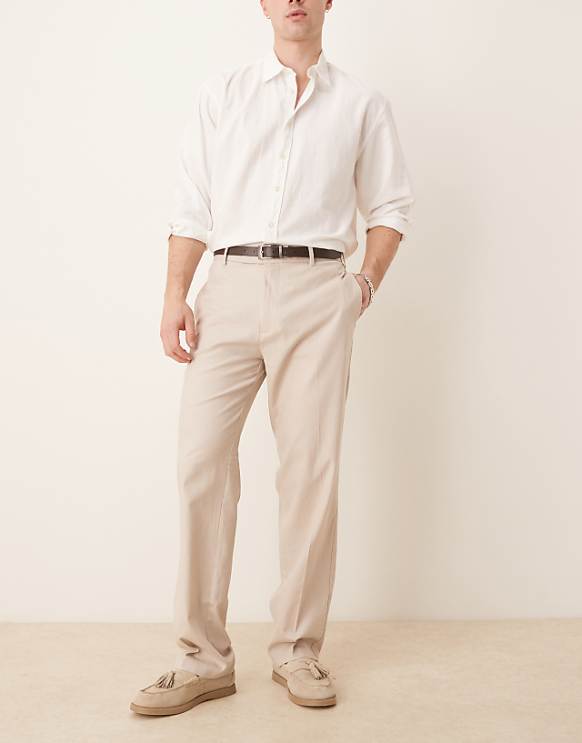 asos ASOS DESIGN smart straight leg linen blend trousers in stone