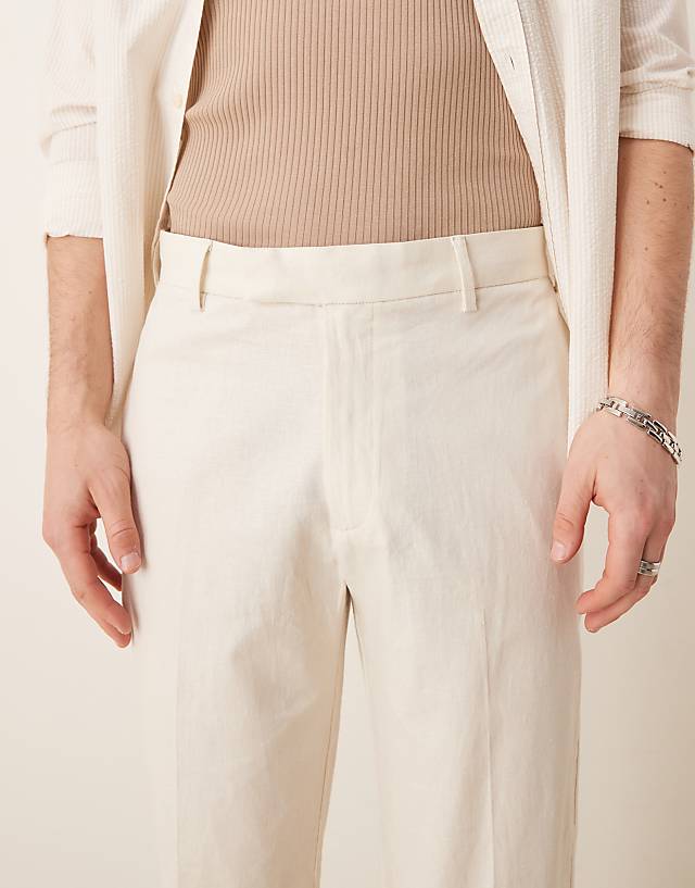 Asos ASOS DESIGN Smart Straight Leg Linen Blend Trousers In Ecru