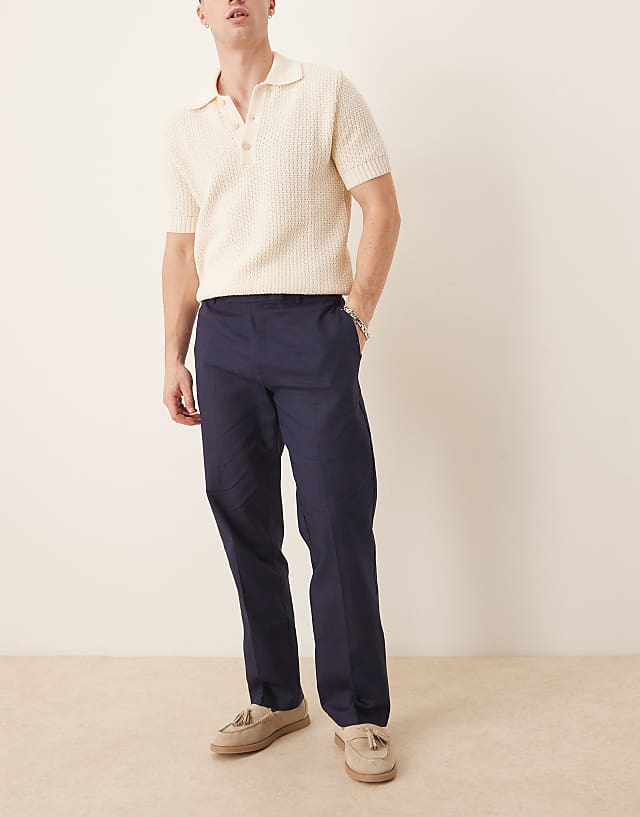 asos ASOS DESIGN smart straight leg linen blend trousers in navy