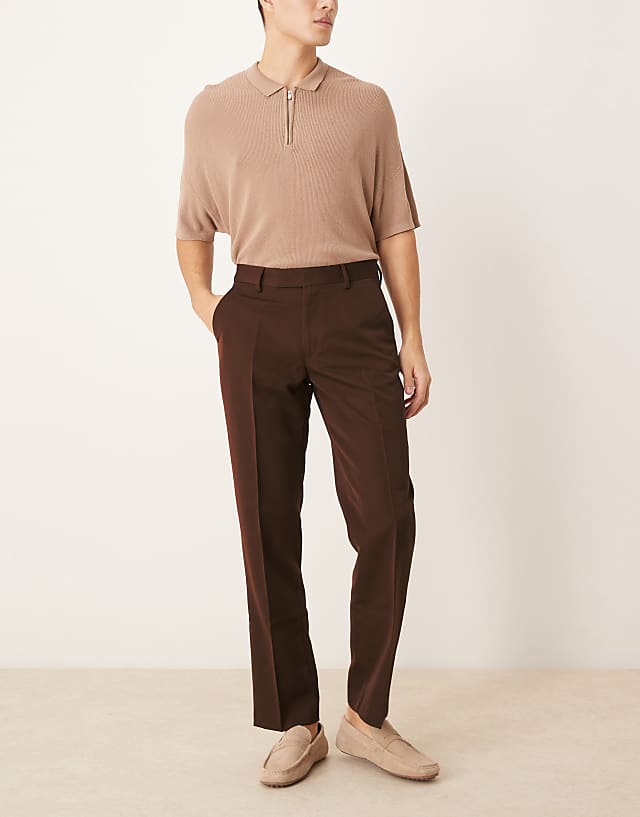 Asos ASOS DESIGN Smart Straight Leg Trousers In Brown