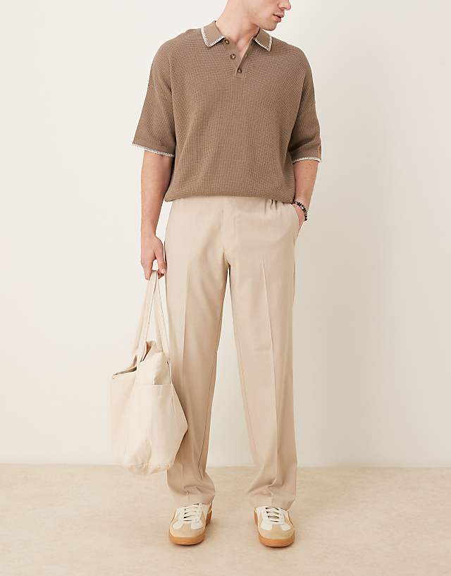 asos ASOS DESIGN smart straight leg trousers in camel linen look with elasticated waist