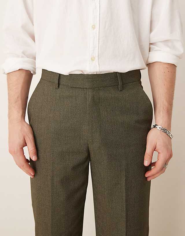 Asos ASOS DESIGN Smart Straight Leg Trousers In Dark Green Slub