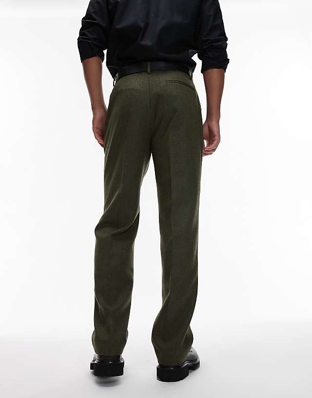 Asos ASOS DESIGN Smart Straight Leg Trousers In Green Wool Look Herringbone