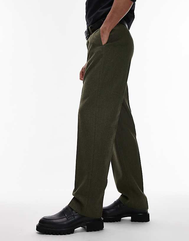 Asos ASOS DESIGN Smart Straight Leg Trousers In Green Wool Look Herringbone