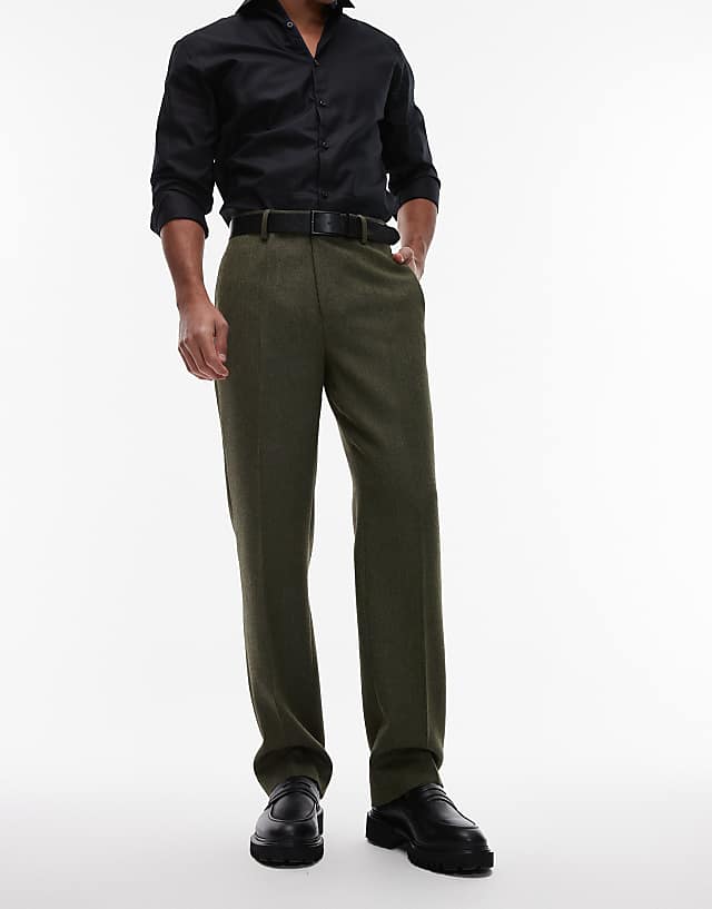 asos ASOS DESIGN smart straight leg trousers in green wool look herringbone