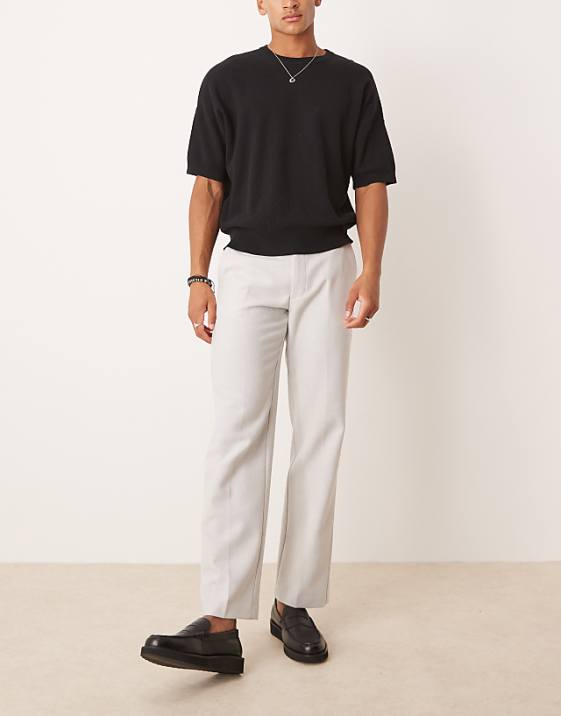 asos ASOS DESIGN smart straight leg trousers in light grey with wool herringbone