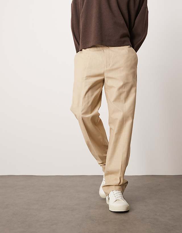 Asos ASOS DESIGN Smart Straight Leg Trousers In Stone Linen Look