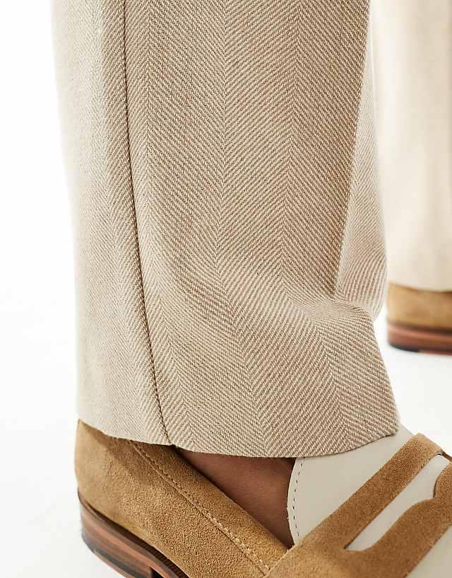 Asos ASOS DESIGN Smart Straight Leg Trousers In Stone With Wool Herringbone