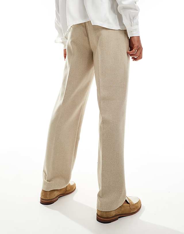 Asos ASOS DESIGN Smart Straight Leg Trousers In Stone With Wool Herringbone