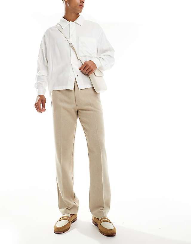 Asos ASOS DESIGN Smart Straight Leg Trousers In Stone With Wool Herringbone
