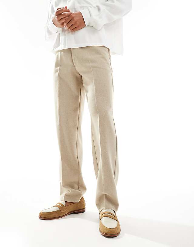 asos ASOS DESIGN smart straight leg trousers in stone with wool herringbone