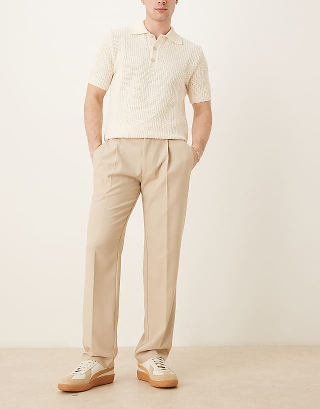 Asos ASOS DESIGN Smart Straight Leg Trousers With Front Pleats In Stone Microtexture