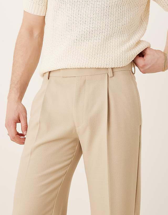 Asos ASOS DESIGN Smart Straight Leg Trousers With Front Pleats In Stone Microtexture