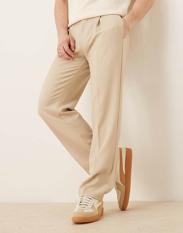 asos ASOS DESIGN smart straight leg trousers with front pleats in stone microtexture