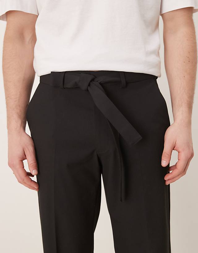 Asos ASOS DESIGN Smart Straight Leg Trousers With Self Fabric Belt In Black