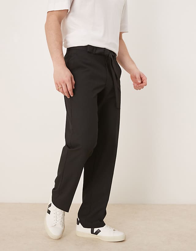asos ASOS DESIGN smart straight leg trousers with self fabric belt in black