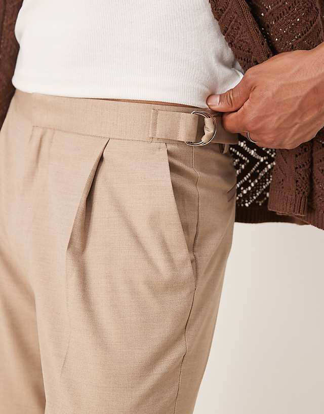 Asos ASOS DESIGN Smart Straight Leg Trousers With Side Adjusters In Stone Linen Look With Front Pleat