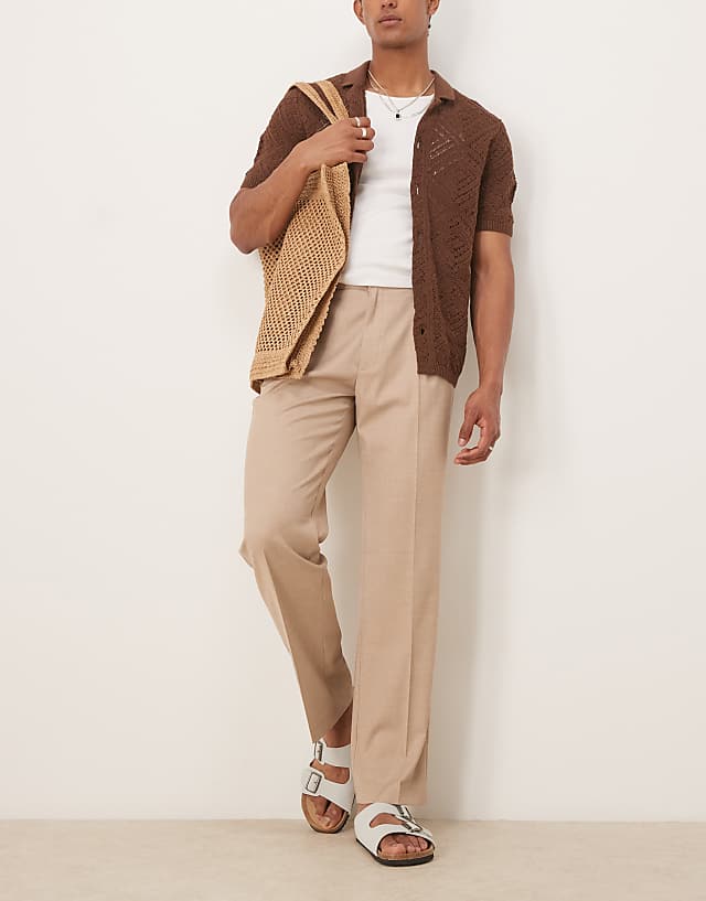 asos ASOS DESIGN smart straight leg trousers with side adjusters in stone linen look with front pleat