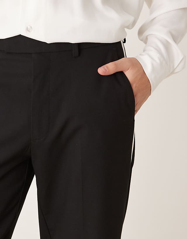 Asos ASOS DESIGN Smart Straight Leg Tuxedo Trousers In Black With White Side Stripe