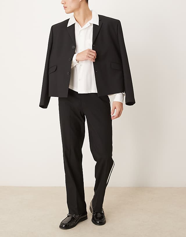 asos ASOS DESIGN smart straight leg tuxedo trousers in black with white side stripe