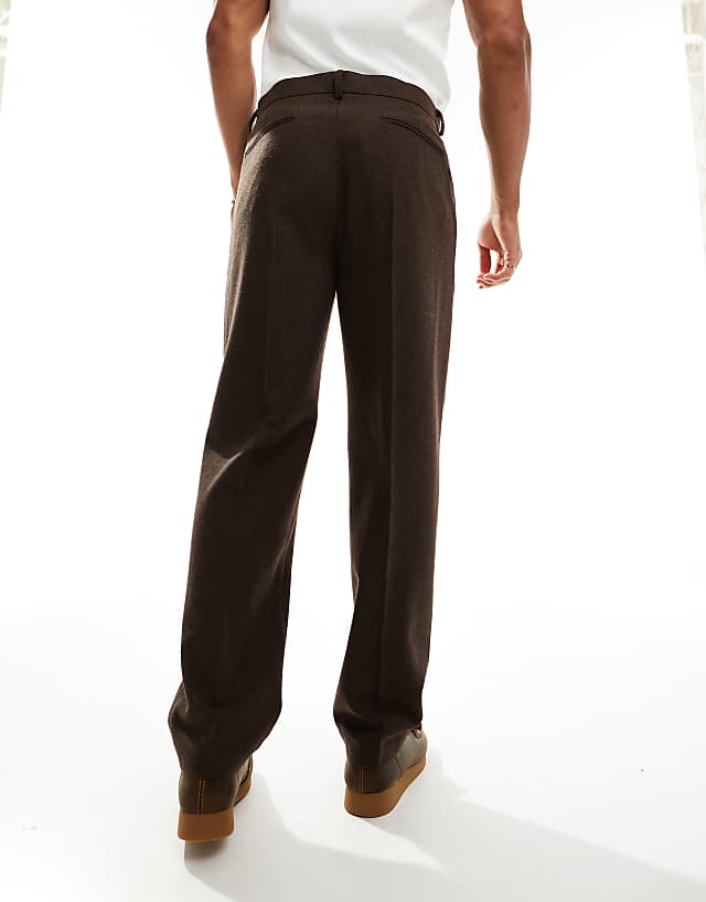 Asos ASOS DESIGN Smart Straight Leg Wool Mix Trousers In Brown Herringbone