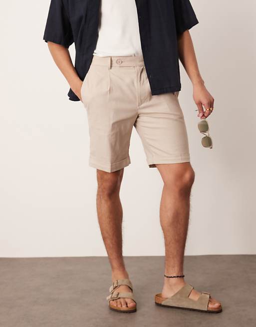 Asos ASOS DESIGN Smart Straight Linen Blend Chino Shorts With Front Pleat In Stone