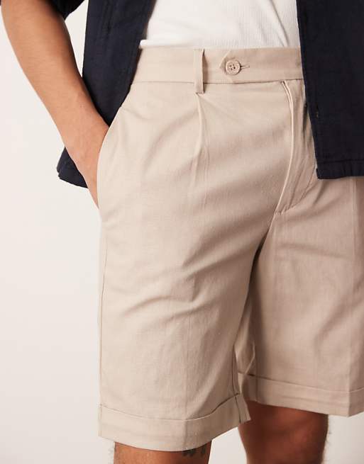 Asos ASOS DESIGN Smart Straight Linen Blend Chino Shorts With Front Pleat In Stone