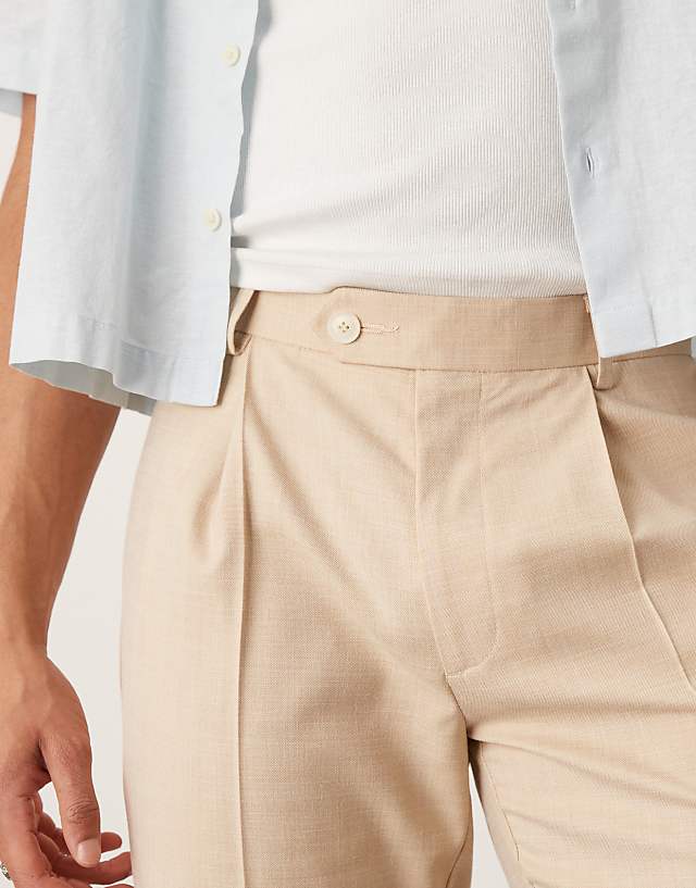 Asos ASOS DESIGN Smart Tapered Crosshatch Textured Trousers With Front Pleat In Beige