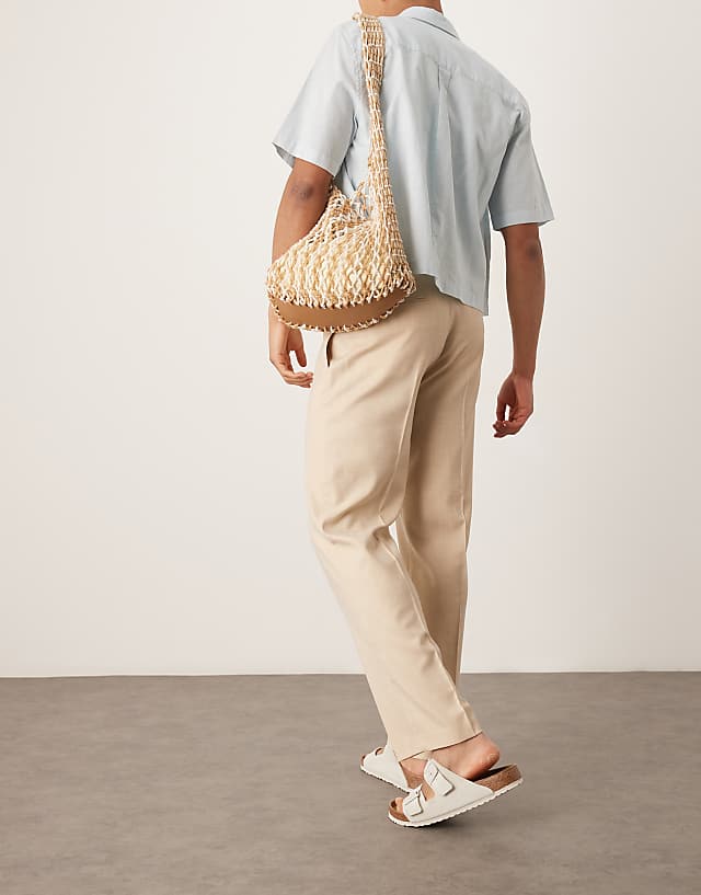 Asos ASOS DESIGN Smart Tapered Crosshatch Textured Trousers With Front Pleat In Beige