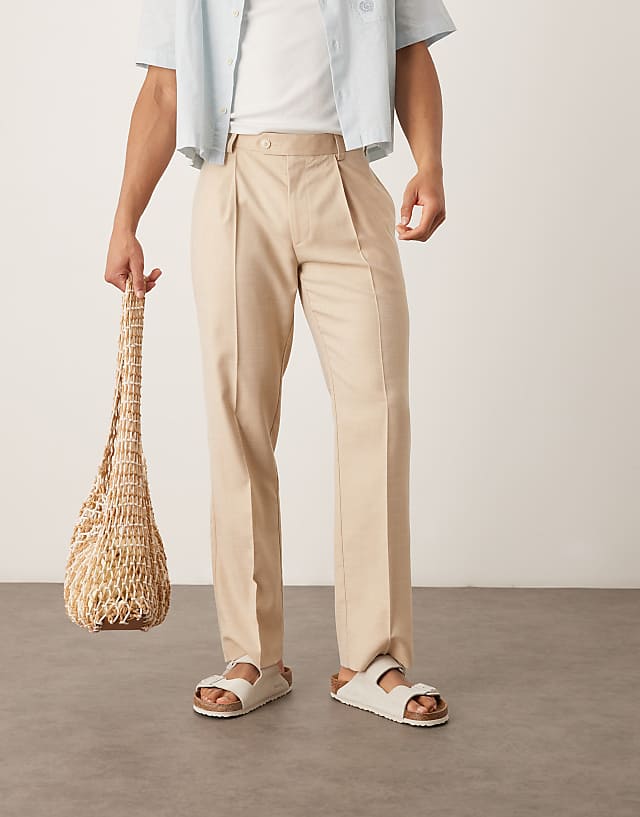 Asos ASOS DESIGN Smart Tapered Crosshatch Textured Trousers With Front Pleat In Beige