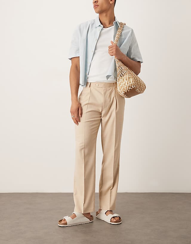 asos ASOS DESIGN smart tapered crosshatch textured trousers with front pleat in beige