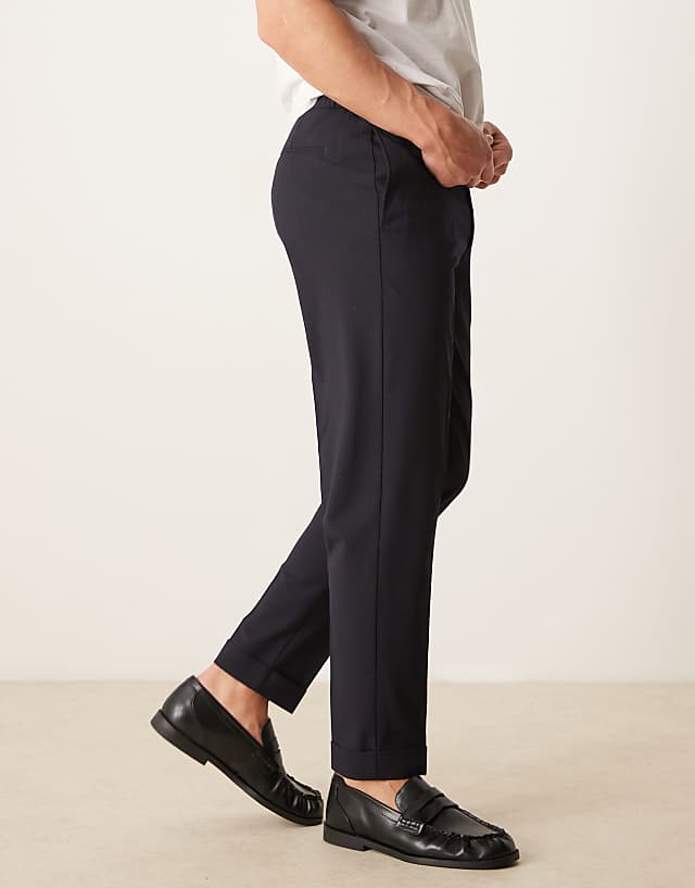Asos ASOS DESIGN Smart Tapered Fit Chino Trousers With Elasticated Waistband In Navy Microtexture