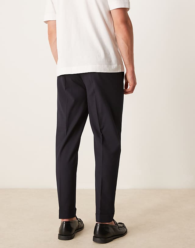 Asos ASOS DESIGN Smart Tapered Fit Chino Trousers With Elasticated Waistband In Navy Microtexture